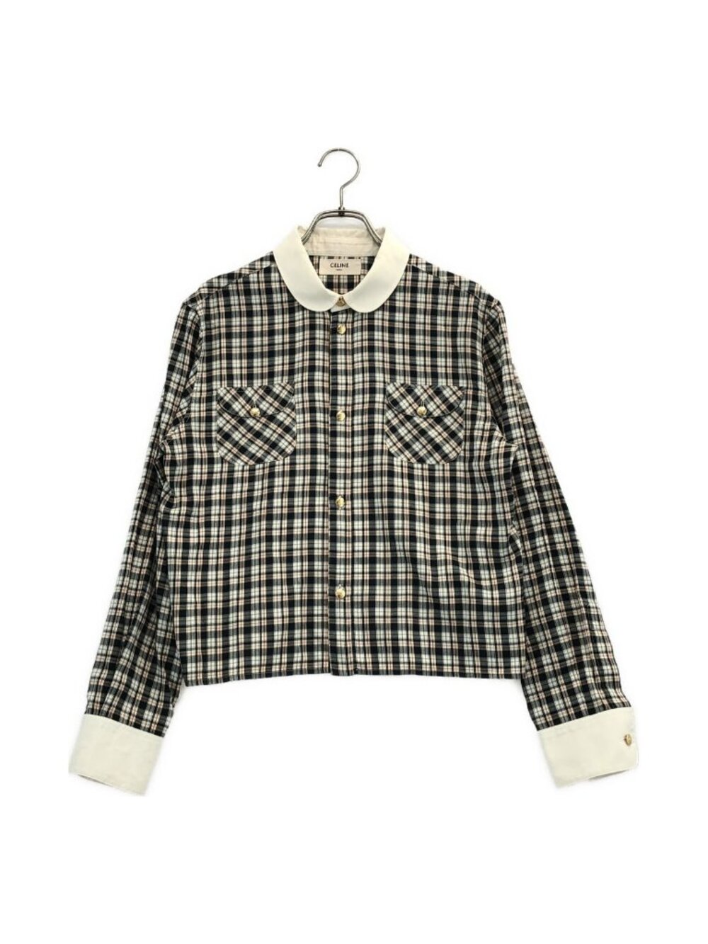 Celine Cotton Check Triomphe Round Color Shirt White Black 40